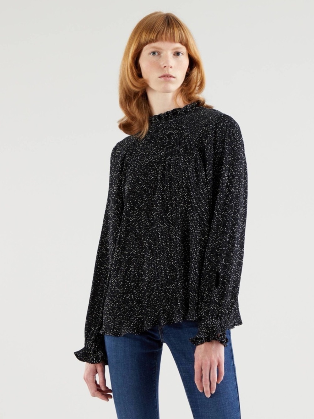 Levi's Black Microdot Smocked-Neck Long-Sleeve Blouse